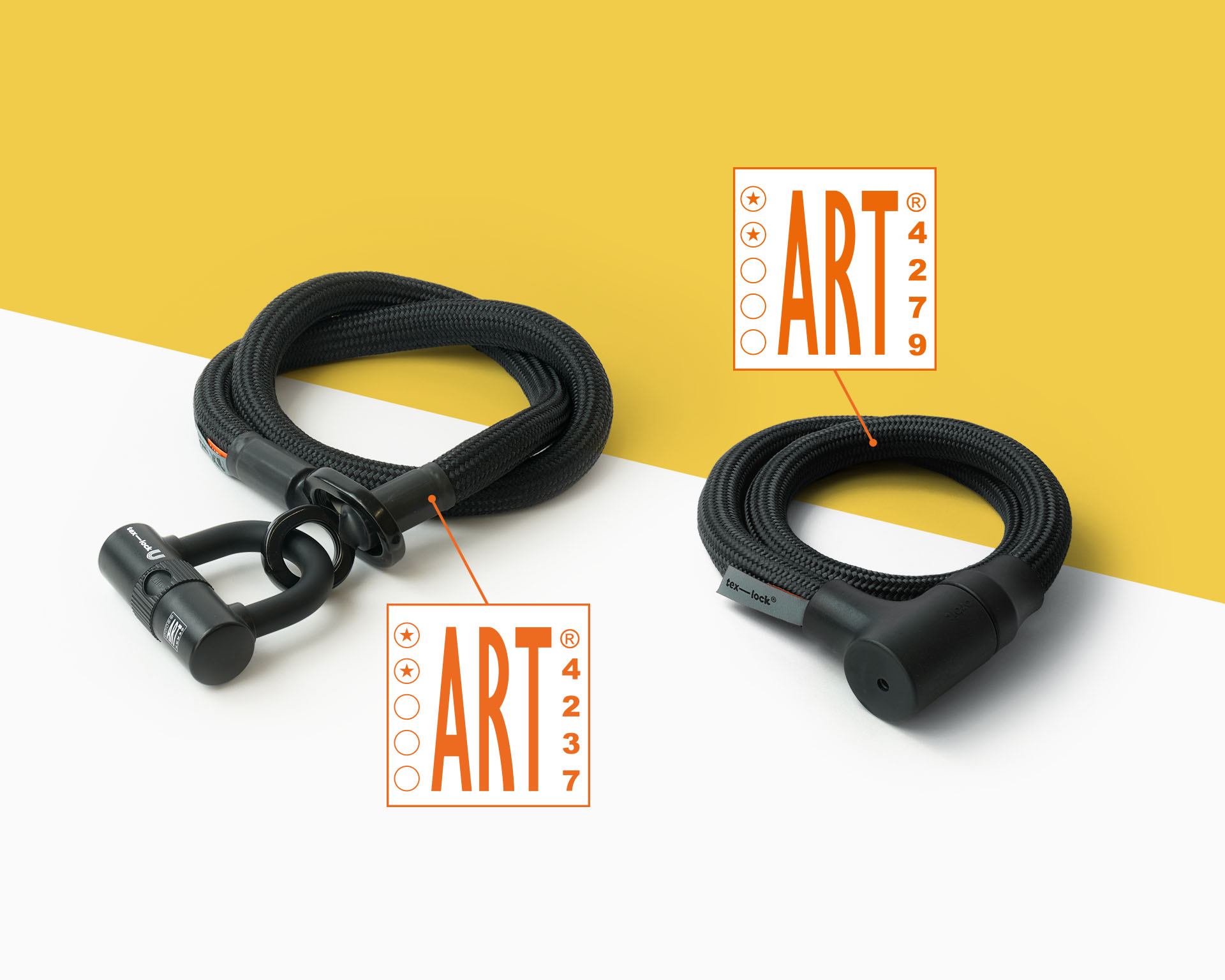 Flexible Bügelschloss-Verlängerung tex-lock eyelet schwarz mit U-Lock und Seilschloss orbit schwarz mit ART2 Zertifikat-Logos