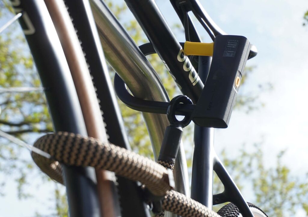 D-lock Bügelschloss sichert Fahrrad mit Textilseil in wild hemp am Oberrohr an Fahrradständer