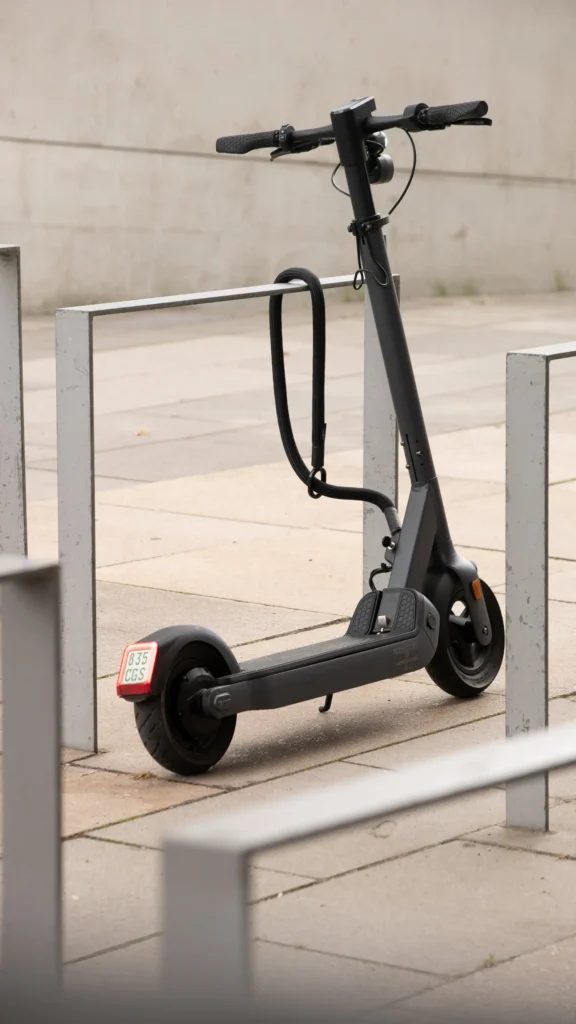 in Rahmen integriertes E-Scooter Schloss sichert Fahrzeug an Fahrradständer