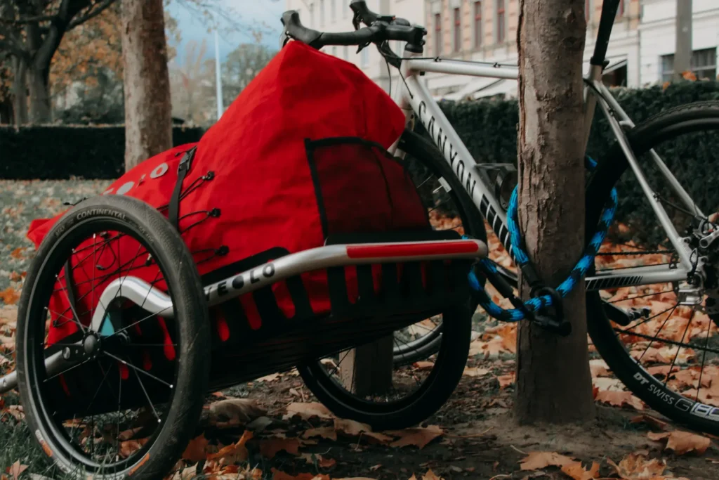 tex–lock morpho blue als Fahrradanhänger Schloss am VEOLO