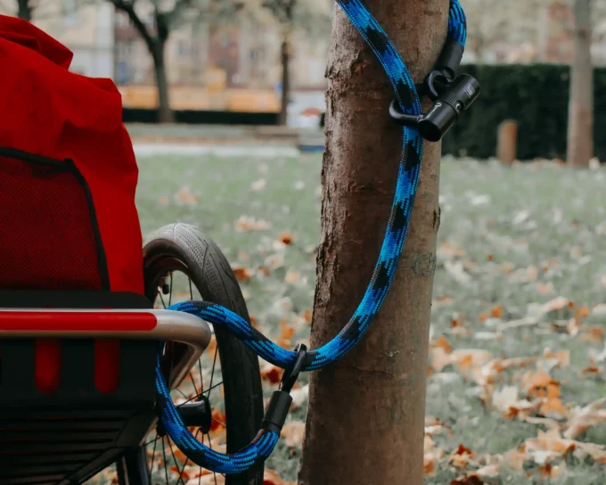fahrradanhänger mit roter tasche am Baum angeschlossen mit blauem Fahrradanhänger Schloss